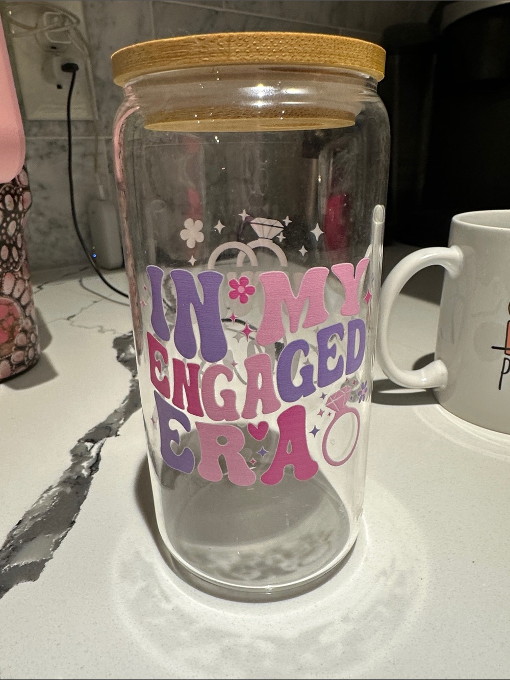 Engaged Acrylic Water Bottle with Pink & Purple Script